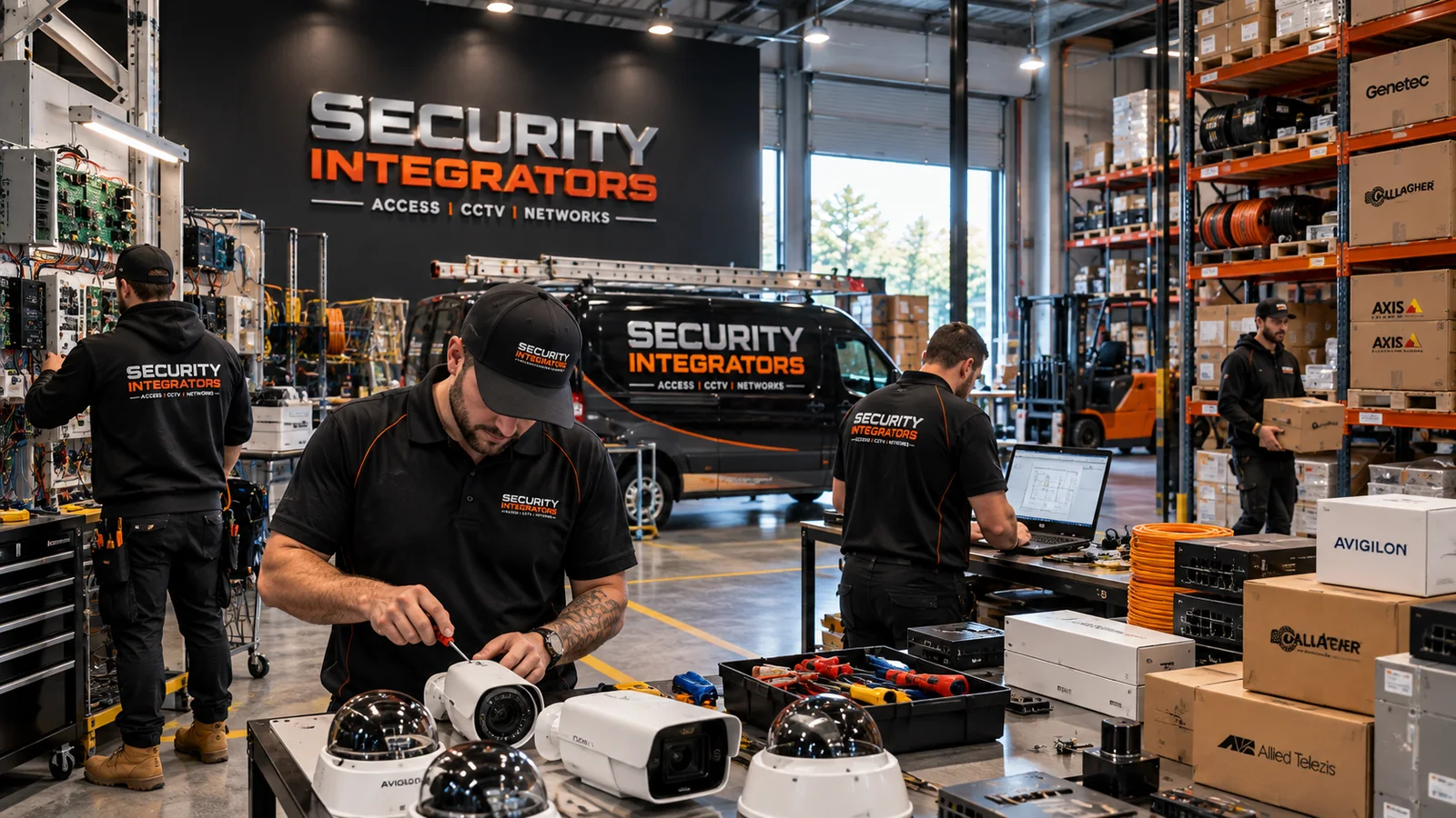 Security Integrators technicians testing CCTV, access control and network equipment in the workshop