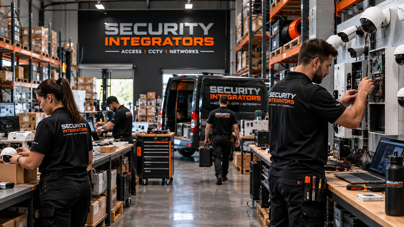 Security Integrators team preparing and testing commercial security equipment in the warehouse